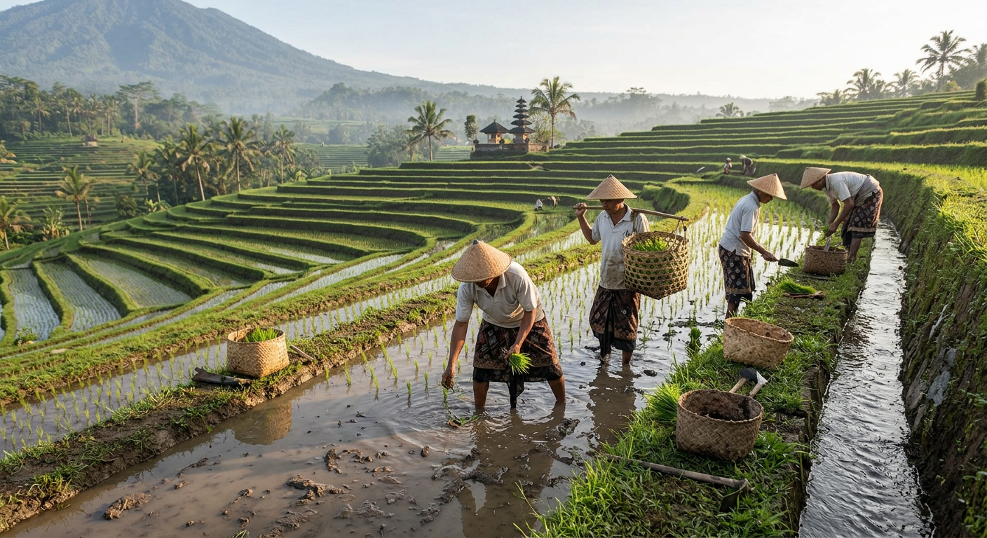 Traditional rice farming on terraces Farmers planting rice seedlings in water-filled terraced paddies