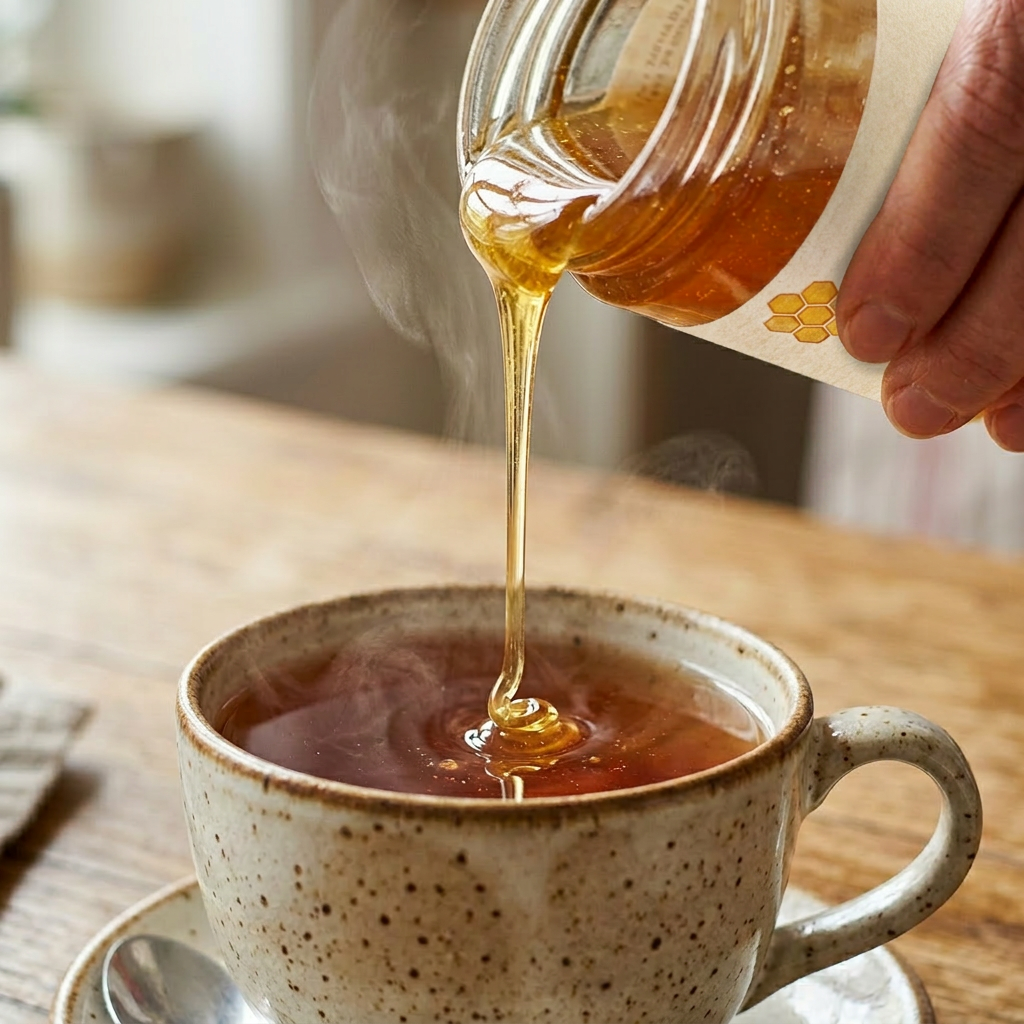 A hand pouring raw honey from a jar into a steaming cup of tea in a speckled ceramic mug.