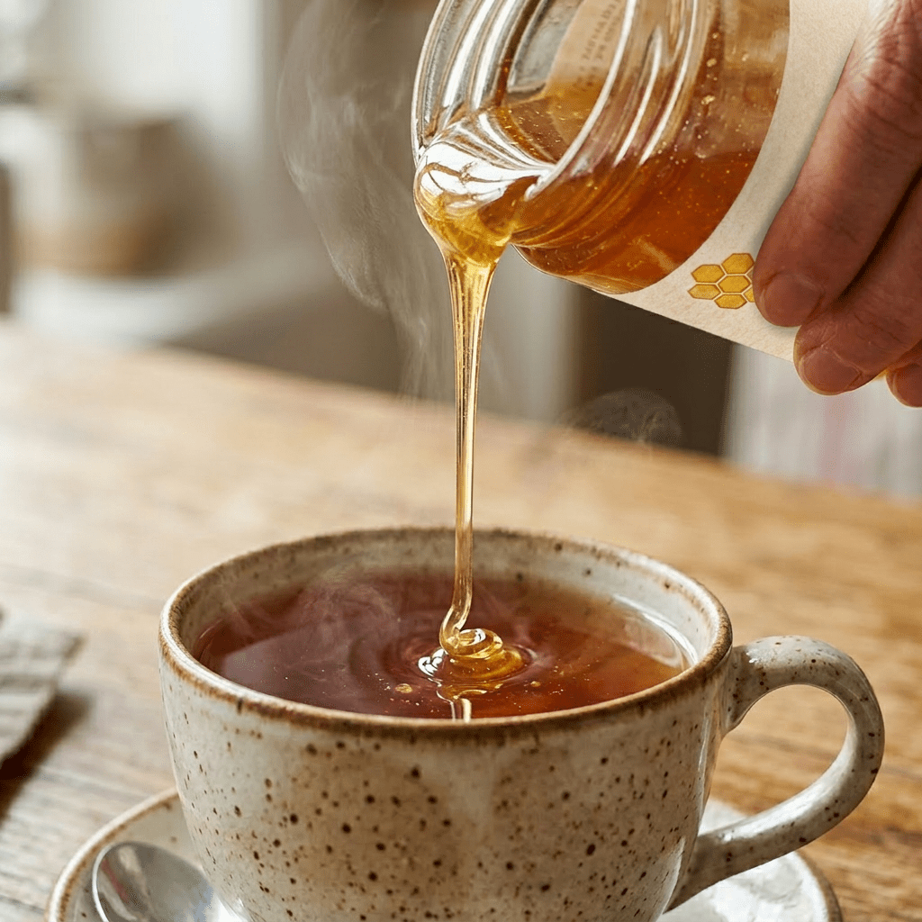 A hand pouring raw honey from a jar into a steaming cup of tea in a speckled ceramic mug.