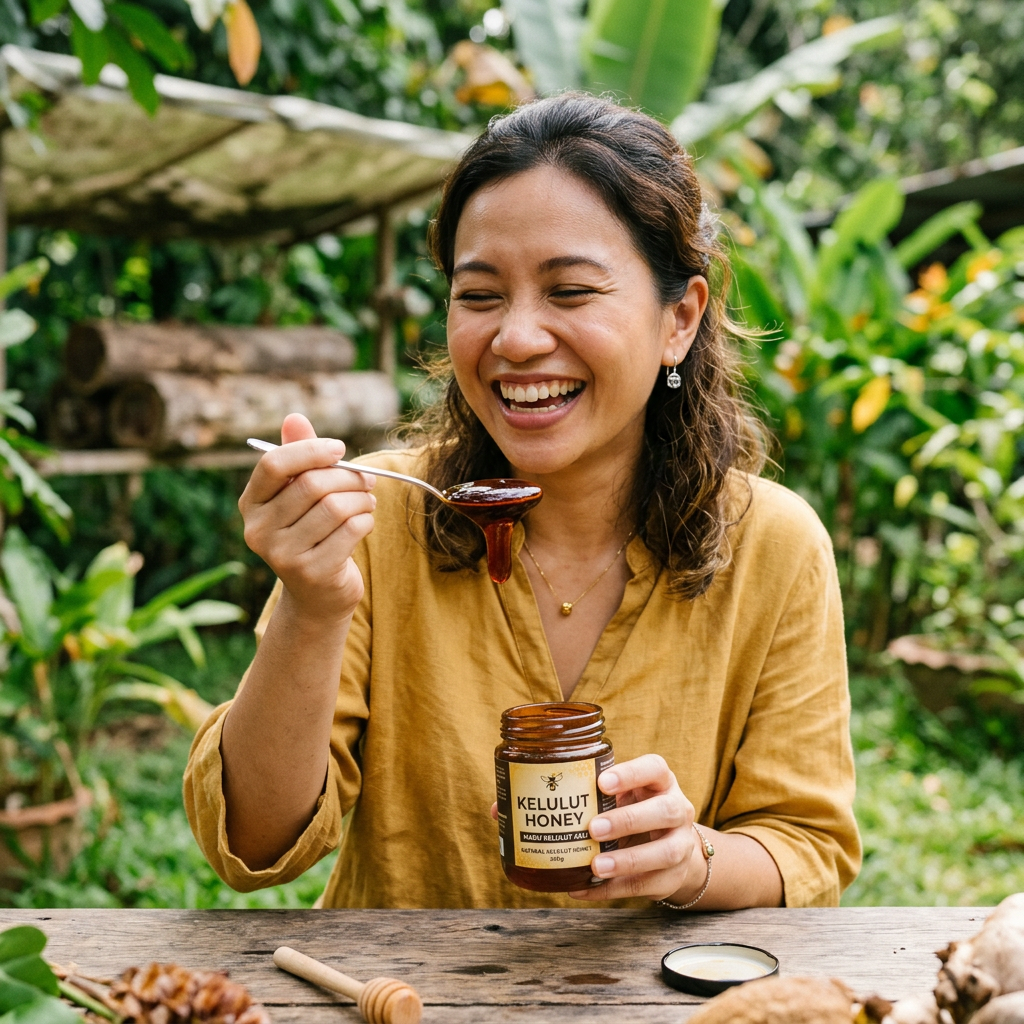 Woman holding a jar of Kelulut honey and tasting it with a spoon outdoors