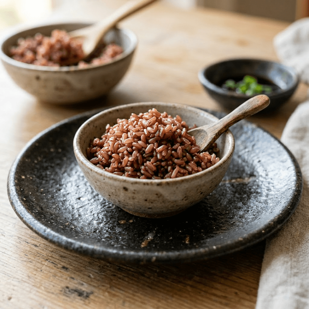 A round rice ball made with reddish grains on a black ceramic plate
