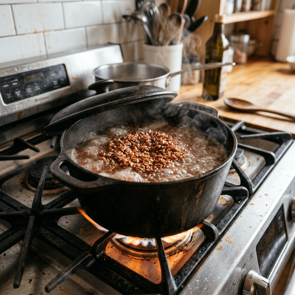 Cast iron pot with boiling grains on a gas stove burner